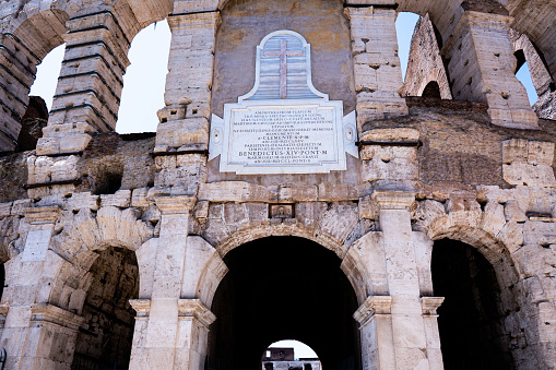 The main entrance to the Colosseum in Rome, Italy