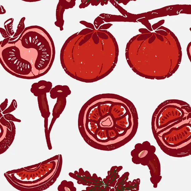 Vector illustration of Tomatoes and flowers. Graphic floral pattern. For design, print, wallpaper, paper, textiles. Vector overlapping seamless pattern.