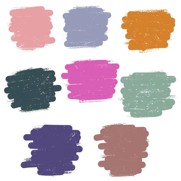 Vector illustration of Colored texture brush strokes, old paint, stickers, background. Vector set of elements.