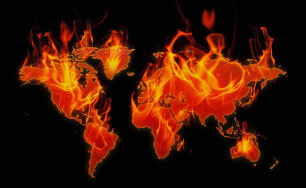 istock Burning continents, world map on fire, conceptual image of world problems, global warming, war, insecurity 1695920295