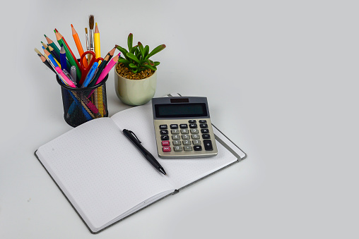 Accessories for schoolchildren and students. Back to the concept of school.stationery school items on a white background with space for text.