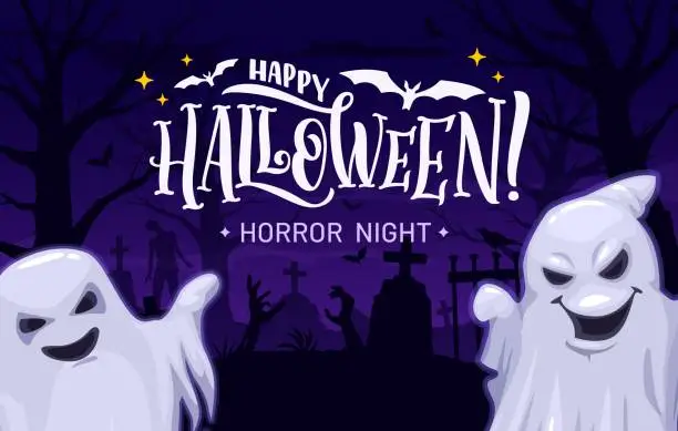 Vector illustration of Cartoon Halloween ghosts on midnight cemetery