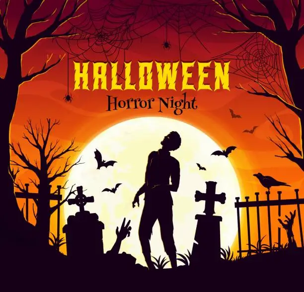 Vector illustration of Halloween banner, zombie silhouette, flying bats