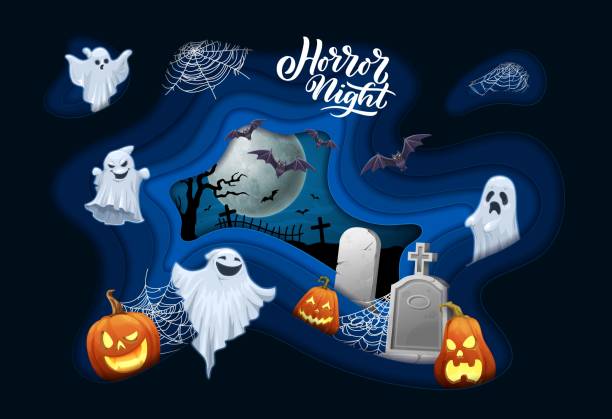 Halloween paper cut banner, cartoon flying ghosts Halloween paper cut banner, cartoon flying ghosts and bats, tombstones and midnight cemetery. Vector 3d effect papercut wavy frame with funny spooks, stone crosses, jack lantern pumpkins and spiderweb casper wyoming stock illustrations