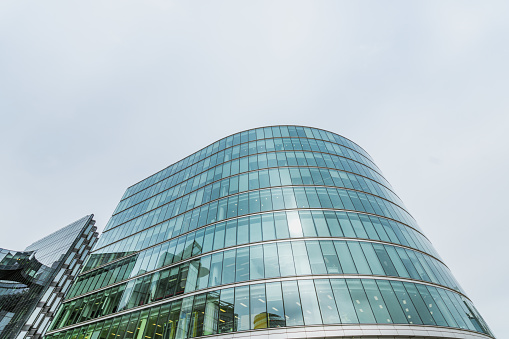 Facade of modern skyscraper with reflection of cloudy sky and a flock of birds, low angle shot, free copy space