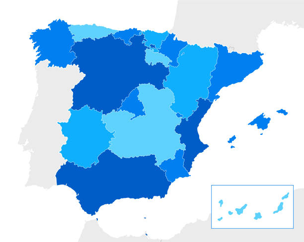 szczegółowa mapa hiszpanii niebieska z regionami i granicami państwowymi portugalii, andory, gibraltaru, francji, maroka, algierii - france gibraltar stock illustrations