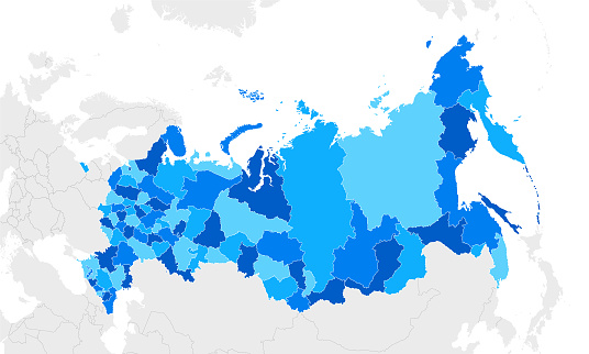 High detailed Russia Blue map with Regions and national borders of Finland, Norway, Sweden, Belarus, Ukraine, Kazakhstan, Mongolia, North Korea, Japan, Georgia, Azerbaijan, Estonia, Latvia, Poland