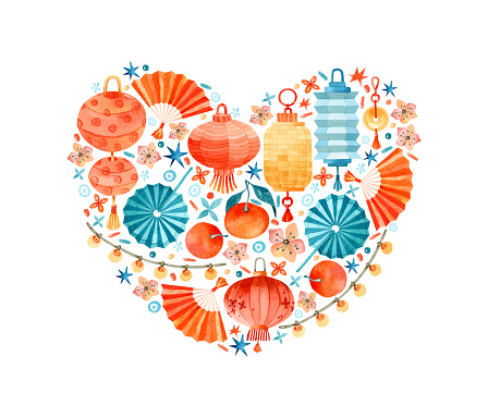 Watercolor heart shaped illustration with Chinese paper lanterns, fans, garlands, tangerines, flowers and coins