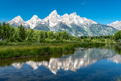 The snow-capped peaks of the Grand Teton mountains reach into the bright blue sky while their reflection is seen in the waters of the Snake River at Schwabacher Landing in Grand Teton National Park, Wyoming.