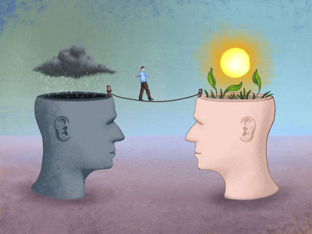 Changing thoughts Going form a negative to a positive state of mind. Digital illustration. negative emotion stock illustrations
