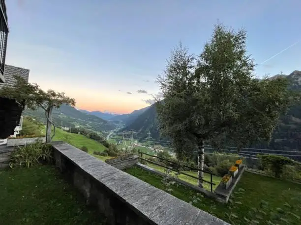 A view of Leventina Valley (Ticino, Switzerland) at sunset time.