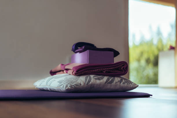 istock Mat and equipment on the floor ready for yoga. Copy space 1696020785