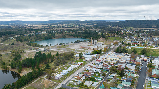 Drone aerial photograph of the now closed historic cement works and surrounding area in Portland in The Central Tablelands of New South Wales in Australia