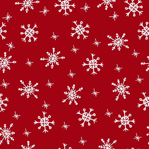 Vector illustration of Seamless pattern with doodle snowflakes on a red background.