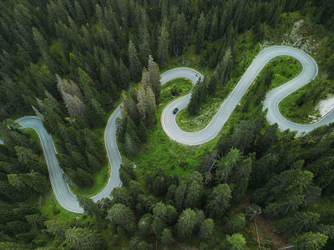 Scenic idyllic view of Snake road in summer in Dolomites