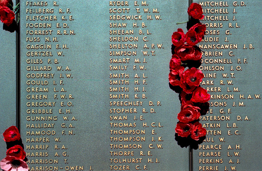 Canberra, ACT, Australia: wall of Remembrance - bronze panels recording the names of over 103,000 members of the Australian armed forces who have died during or as a result of warlike service, non-warlike service and certain peacetime operations.