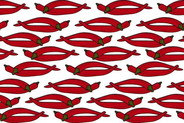 Vector illustration of Seamless pattern of 2 whole red hot chili peppers lying next to each other. Mexican spices. Isolate