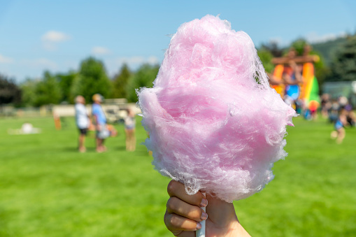 A young girl walks with pink cotton candy at an outdoor park at summer time in the Spokane Washington Suburb of Liberty Lake, Washington.