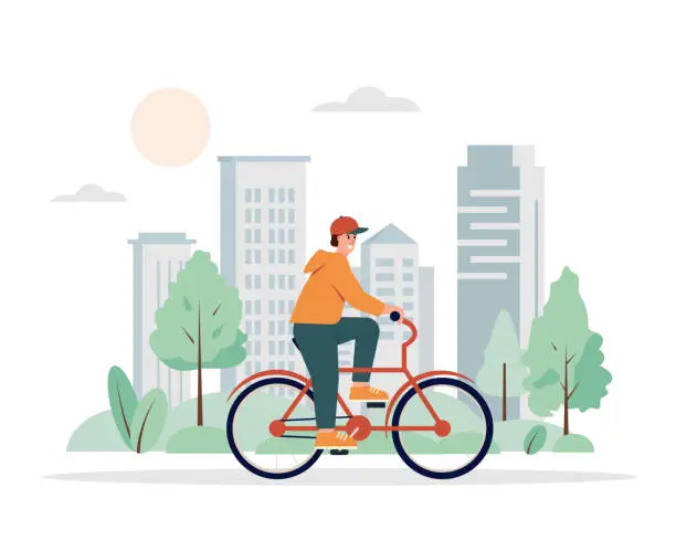 Vector illustration of Young man on bicycle in city. Outdoor activity, healthy leisure lifestyle concept. Smiling happy boy riding bike in park.