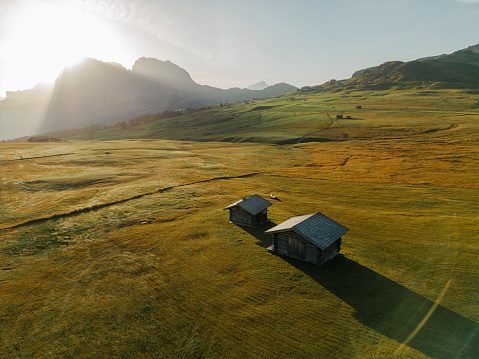Aerial view of  hut for hay Alpe di Suisi in Dolomites  in summer