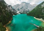Aerial view of boats on Lago di Braies in Dolomites