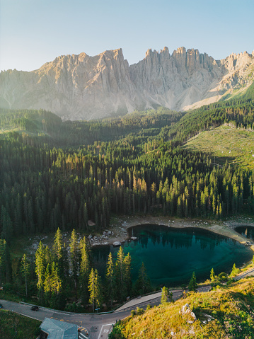 Aerial  view of idyllic  Lago di Braies lake in summer