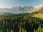 Aerial view of  forest at sunset on the background of mountains in Dolomites