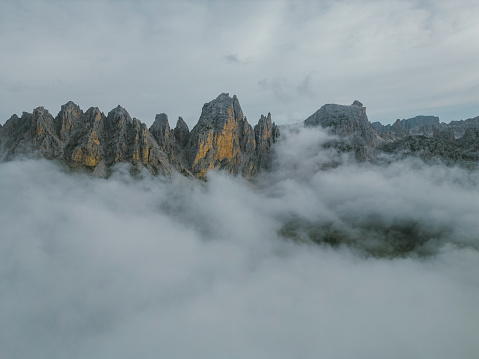 Beauty in nature - most beautiful mountain range in europe - Dolomites Alps. aerial view of stunning rocks over sunset. Vall di Funes, south Tyrol, Italy