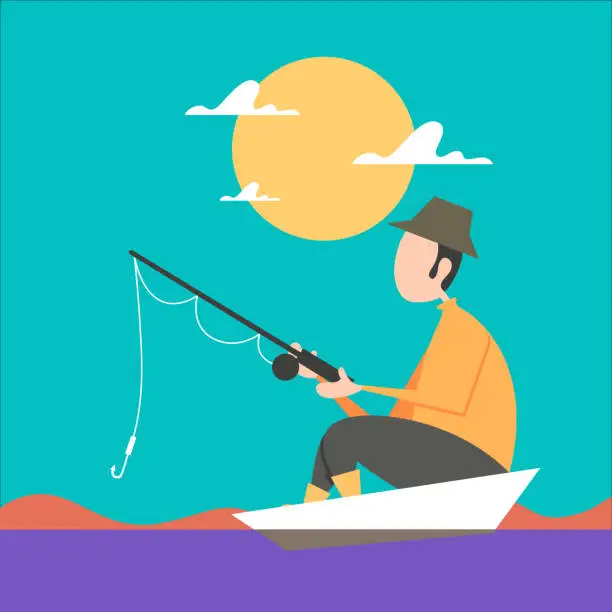 Vector illustration of Fisherman sits on boat with fishing rod.