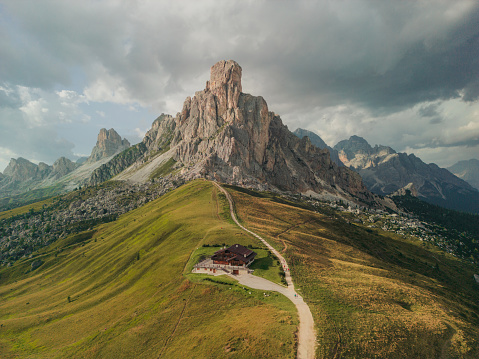Scenic aerial view of Giau in Dolomites