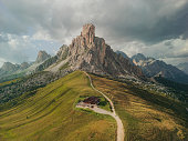 Scenic aerial view of Passo Giau in Dolomites