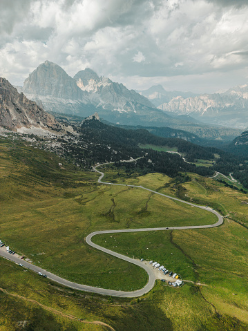 Aerial  view of serpentine road in  Dolomites  in summer