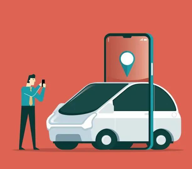 Vector illustration of Renting Car Using Mobile App - Businessman