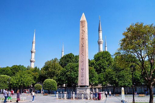 Istanbul, Turkey - July 05, 2018: View of the Obelisk of Theodosius. Is the Egyptian obelisk of Pharaoh Thutmose III re-erected in the Hippodrome of Constantinople by the Roman emperor Theodosius I