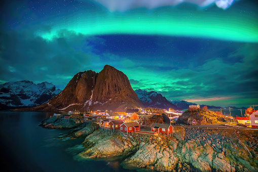 Beautiful nature lanscape of Lofoten at Hamnoy village in Norway with northern lights
