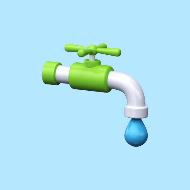istock 3d water faucet with a drop of water. Save Water 1696214549