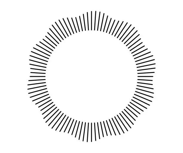 Vector illustration of Radial wave sound lines. Circular frame. Sound circle ring. Wavy roun frame. Radial sun rays symbol. Wavy geometric silhouette. Abstract design element. Vector illustration on white background