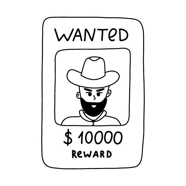 ilustrações de stock, clip art, desenhos animados e ícones de doodle of wanted poster with cowboy with hand drawn outline. simple doodle of vintage western banner with reward. outlaw wanted dead or alive poster. sign of wild west, america texas, cowboy - wanted poster poster old wild west