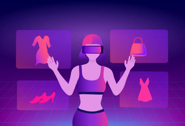 istock Metaverse Virtual Reality shopping. woman wearing VR goggle having 3d experience in shopping in the metaverse vector illustration 1696234247