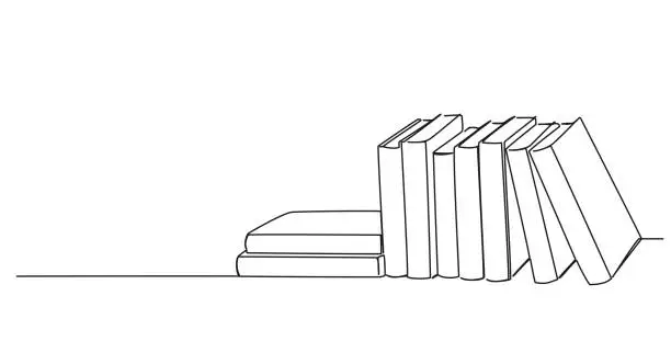 Vector illustration of single line drawing of stack of books on shelf