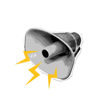 Industrial loudspeaker - collage grunge 3d megaphone announcing crazy promotions. Doodle lightning elements for retro mixed media design. Stylish modern advertising sticker. Vector 90s illustration