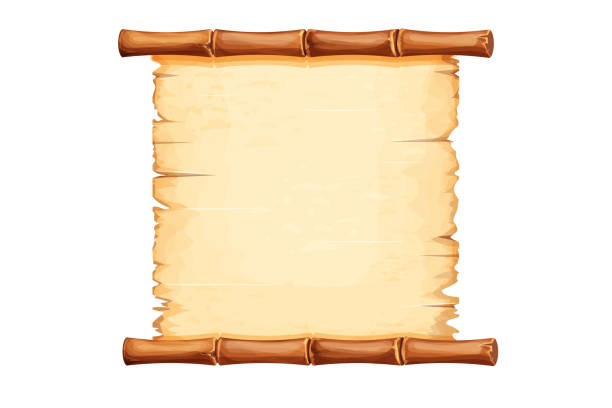 istock Bamboo frame with old parchment paper decorated with rope in cartoon style isolated on white background. Game ui board, sign. Vector illustration 1696254913