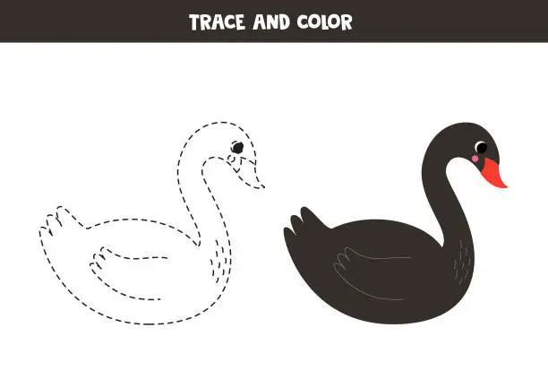 Vector illustration of Trace and color cartoon black swan. Worksheet for children.