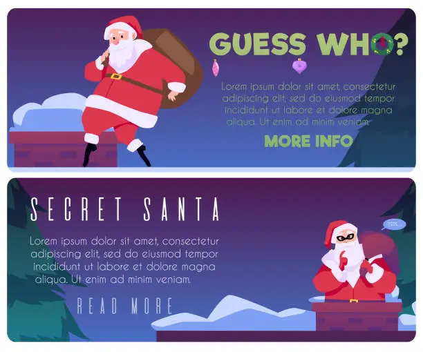 Vector illustration of Santa Claus on roof sneaking with gift sack, web banners set, flat vector illustration. Guess who inscription with concept of Secret Santa. Christmas holiday celebration.