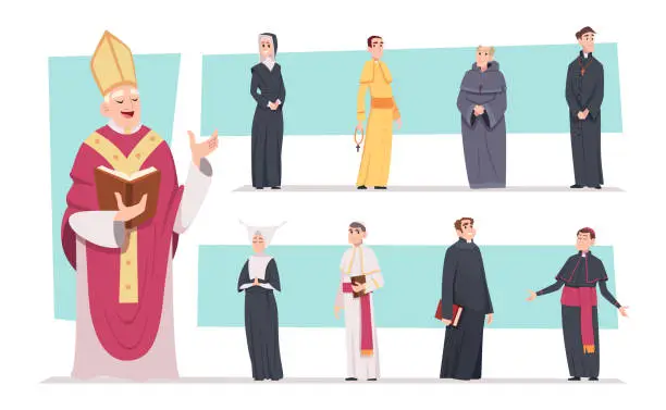 Vector illustration of Religion characters. Authentic people from catholic church exact vector cartoon illustrations set