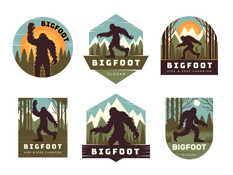 Bigfoot logo. Badges for adventures travel concepts with bigfoot character recent vector illustration set with place for text. Bigfoot silhouette yeti, monster animal legendary