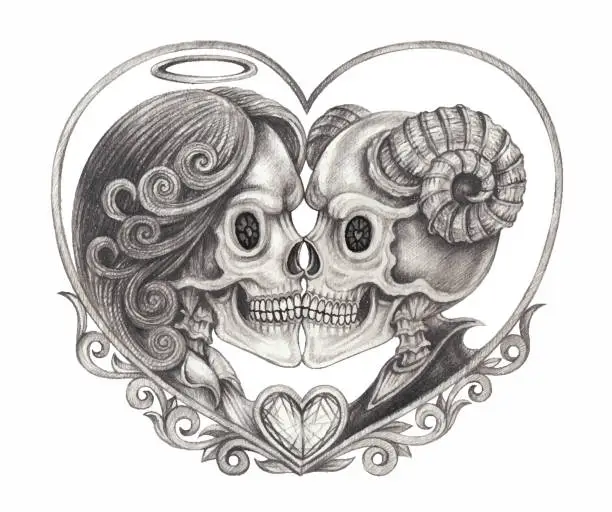 Vector illustration of Couple love fantasy devil and angel skulls.