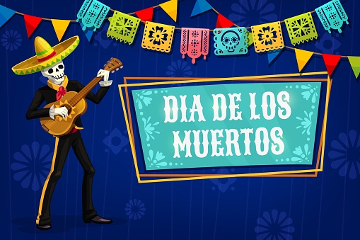 Cartoon mariachi skeleton and papel picado flags. Dia de los Muertos banner. Mexico traditional carnival invitation, Day of the Dead celebration vector banner with skeleton musician playing on guitar