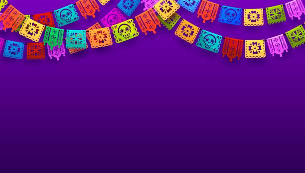 Mexican Dia de Los Muertos holiday background Mexican Dia de Los Muertos holiday background with papel picado flags, vector poster. Dia de los Muertos or dead day fiesta and carnival celebration of Mexico culture and tradition with papel picado mexican day of the dead stock illustrations