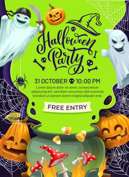 Vector illustration of Halloween party flyer, witch cauldron, funny ghost